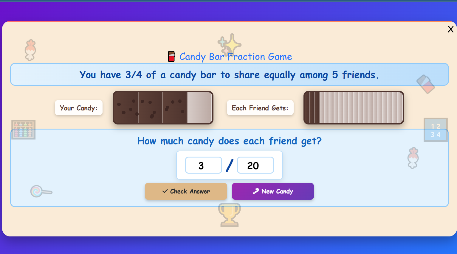 Candy Bar Fraction Game